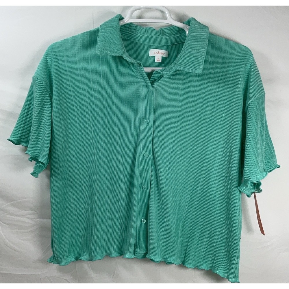 NWT Women's Colsie Button Front Short Sleeve Green Ribbed Blouse - XL
